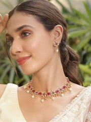 Gold Plated Brass Metal Ruby Studded White Beaded Floral Necklace Set