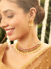 Gold Plated Kundan Necklace Set With Studded Pink Stones