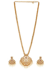 Gold plated Zirconia studded pearl beaded Long necklace set
