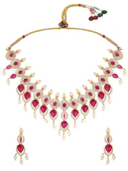 Blushing Elegance White Beaded Pink Stone AD Necklace Set