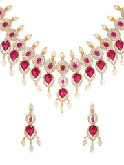 Blushing Elegance White Beaded Pink Stone AD Necklace Set