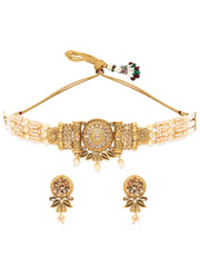 Gold Pendant, White Pearls, and Beaded Chain Choker Set