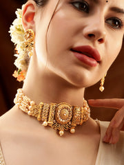 Gold Pendant, White Pearls, and Beaded Chain Choker Set