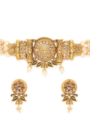 Gold Pendant, White Pearls, and Beaded Chain Choker Set