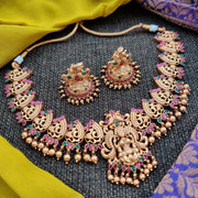 Matte Finish Annapakshi Mahalakshmi Designer Cut Work Necklace set