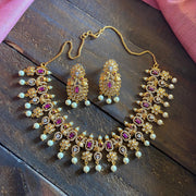 Matte Finish Zircon Peacock AD Necklace Set - Ruby